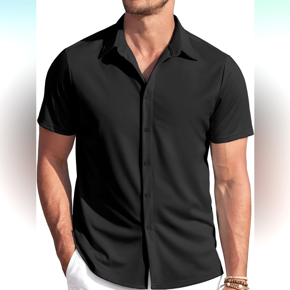 COOFANDY Casual Wrinkle Free Short Sleeve Button Down Stretch Dress Shirt, Large